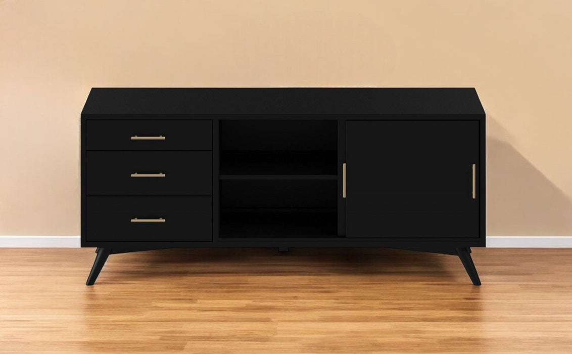 HomeRoots mahogany solids and veneer open shelving TV stand in black, showcasing modern design and ample storage space.