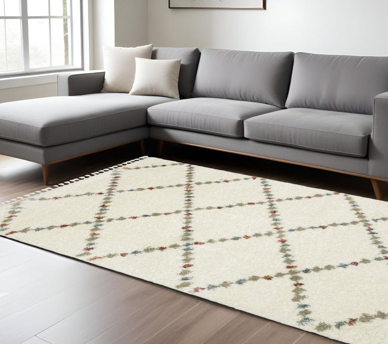 8' X 11' Diamond Shag Area Rug With Fringe - Ivory