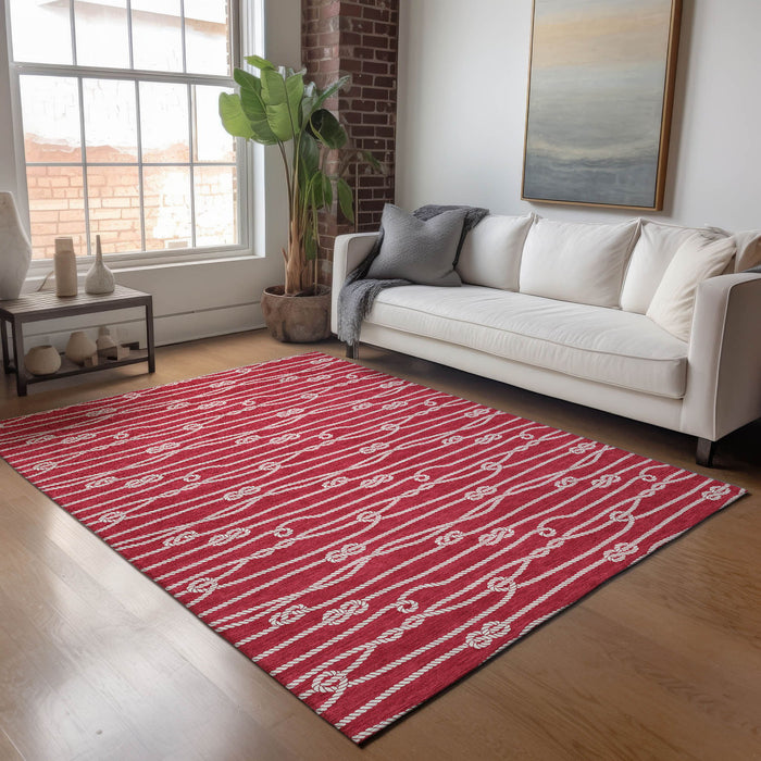 9' X 12' Nautical Washable Area Rug With UV Protection - Red / Ivory