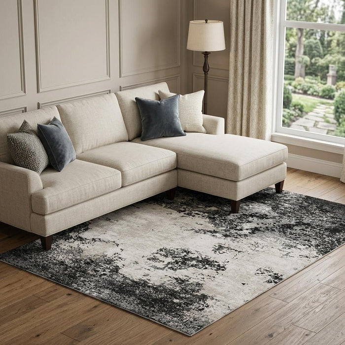 10' X 14' Abstract Washable Area Rug With UV Protection (680615) - Black / Gray / Silver