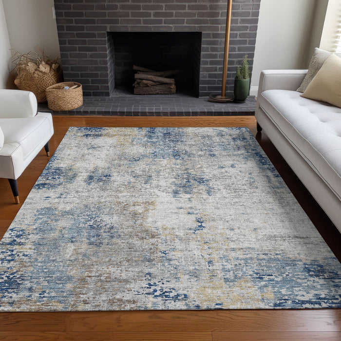 8' X 10' Abstract Washable Area Rug With UV Protection - Blue / Ivory