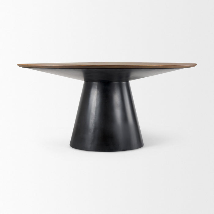 63" Solid Wood And Metal Pedestal Base Round Top Dining Table - Brown