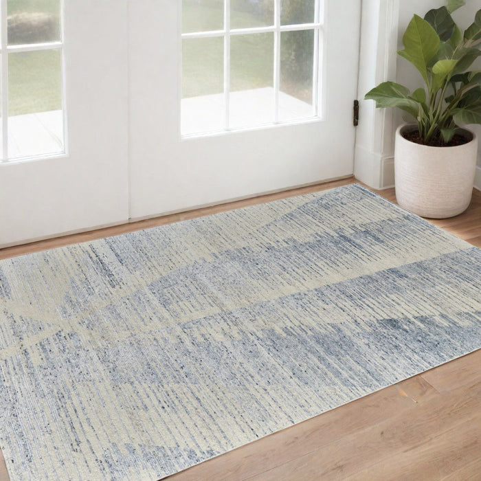 3' x 5' Abstract Hand Knotted Worn Faded Area Rug - Ivory And Blue