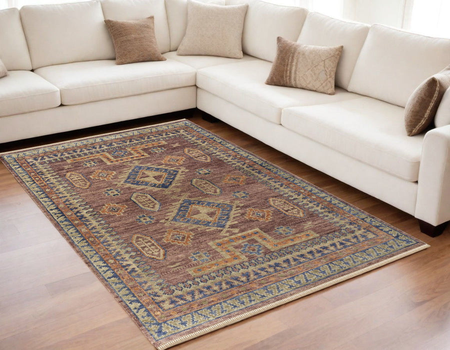 5' x 8' Wool Geometric Hand Knotted Area Rug With Fringe - Blue Red And Tan