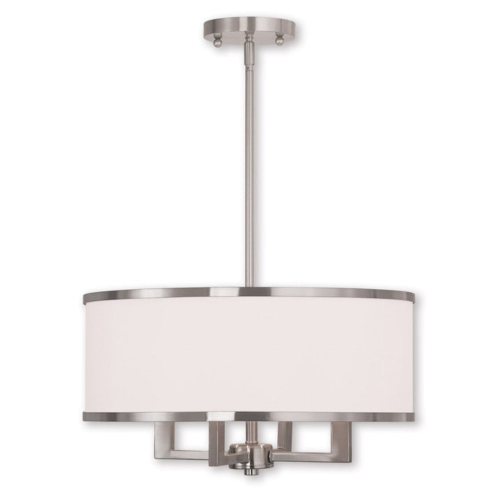 HomeRoots 18-inch four-light dimmable chandelier with pearl silver and nickel shades, elegant lighting fixture for modern interiors.