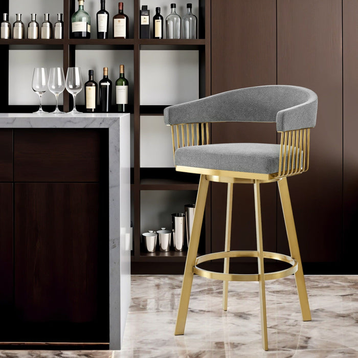 26" Fabric And Stainless Steel Low Back Counter Height Swivel Bar Chair - Gray / Gold