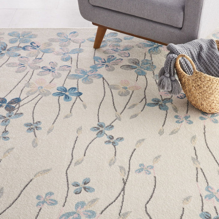 9' X 12' Floral Contemporary Area Rug - Ivory And Blue