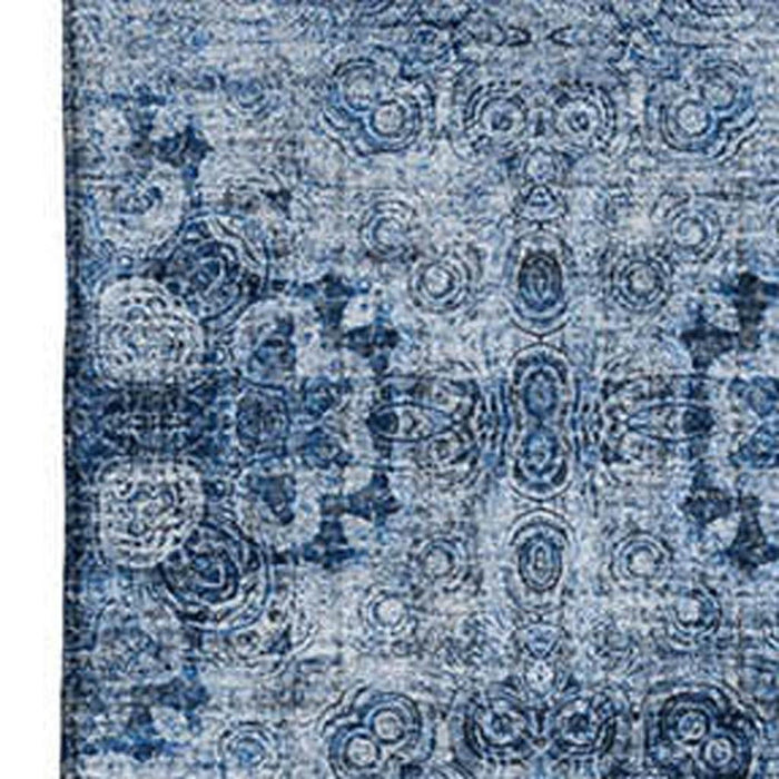 10' X 14' Floral Medallion Distressed Washable Area Rug With UV Protection (648934) - Navy Blue / Ivory