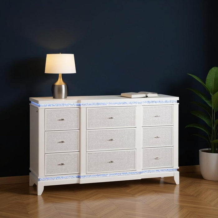 62" Faux Crystal Glitter Wood Lighted Nine Drawer Triple Dresser - White