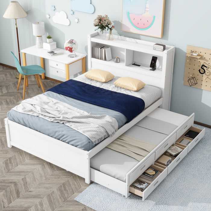 White Giga full size platform bed with trundle, built-in shelves, drawers, and USB ports, featuring a modern, functional design.