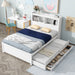 White Giga full size platform bed with trundle, built-in shelves, drawers, and USB ports, featuring a modern, functional design.