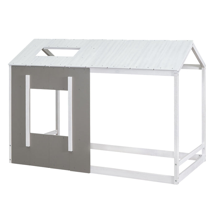 Twin size Giga house platform bed with roof, window, and natural white finish, showcasing the cozy bed frame with built-in roof and window details.