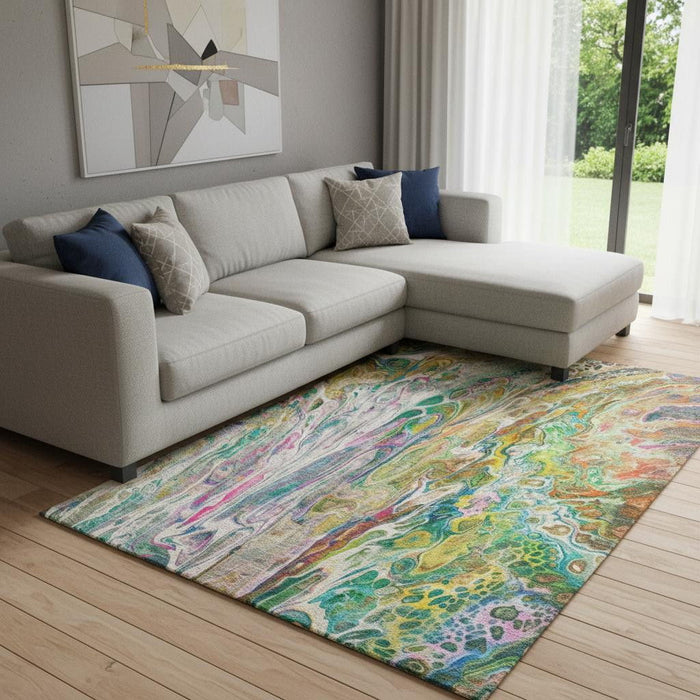 8' X 10' Abstract Washable Area Rug With UV Protection (650936) - Green / Gold / Teal
