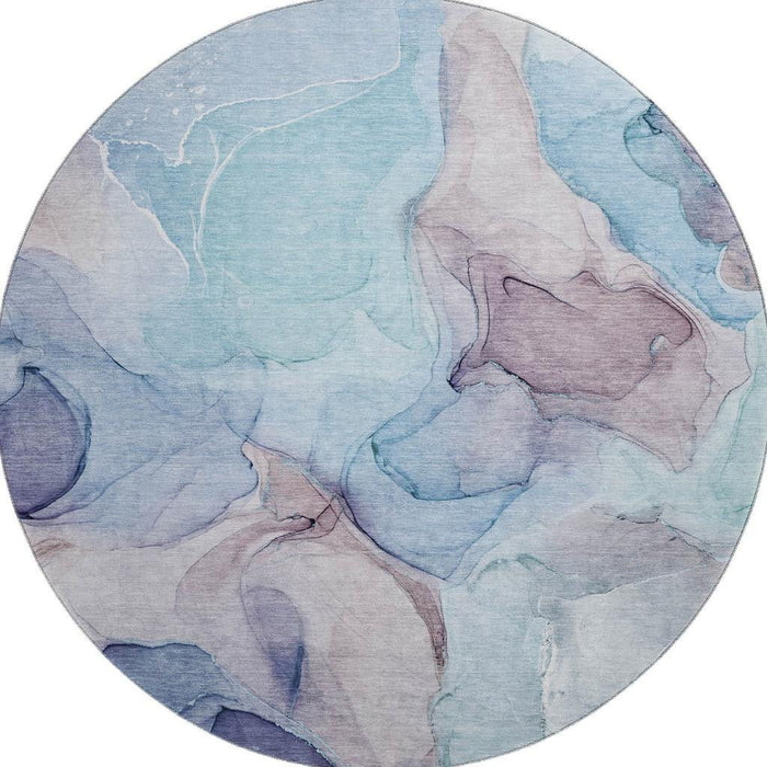 8' Abstract Washable Round Rug With UV Protection (646725) - Navy Blue / Purple / Gray