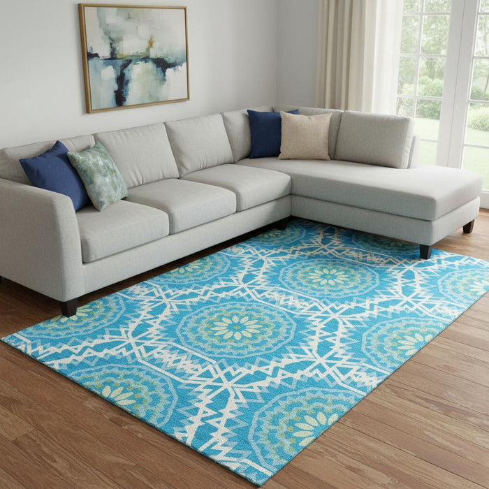8' X 10' Geometric Washable Area Rug With UV Protection (652201) - Blue / Ivory / Olive Green