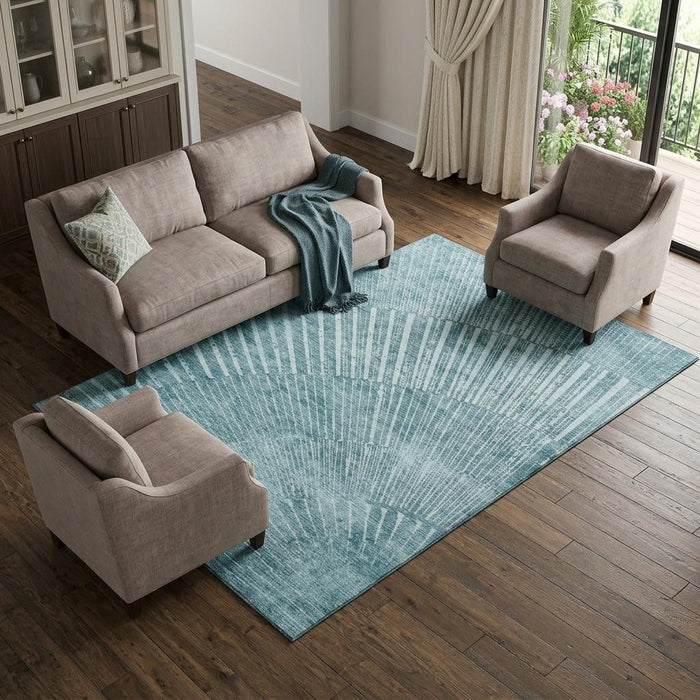 10' X 14' Geometric Washable Area Rug With UV Protection (648358) - Teal / Ivory