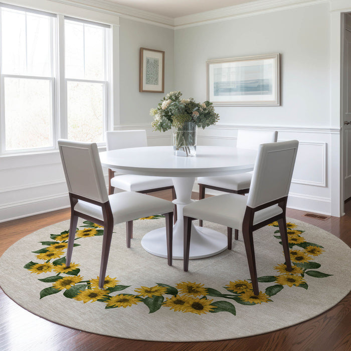 8' Geometric Washable Round Rug With UV Protection - Yellow / Ivory