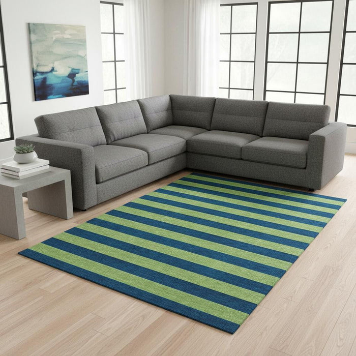 8' X 10' Striped Washable Area Rug With UV Protection (647756) - Navy Blue / Green