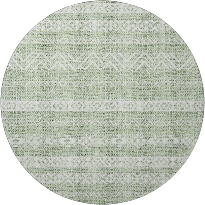 8' Southwestern Washable Round Rug With UV Protection - Artichoke Green And Ivory
