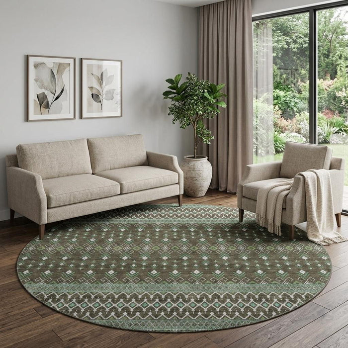 8' Tribal Washable Round Rug With UV Protection (657098) - Brown / Taupe