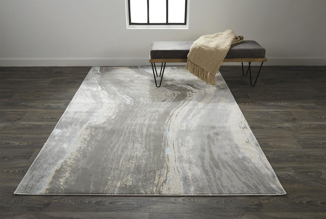 12' x 18' Abstract Polyester Area Rug - Gray Ivory And Blue