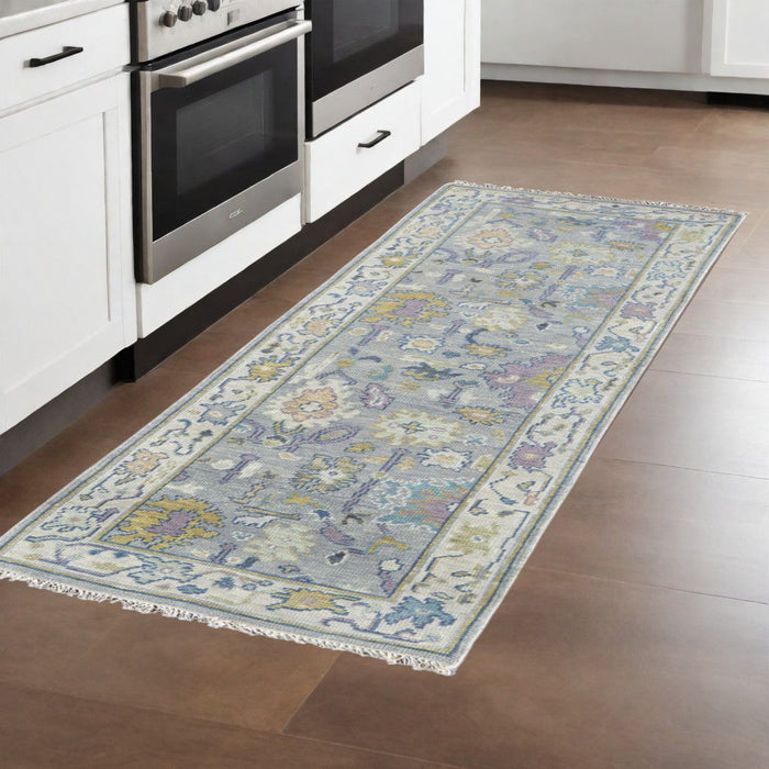 8' Wool Oriental Hand Knotted Runner Rug With Fringe - Purple