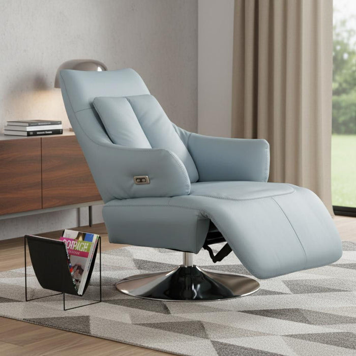 Tufted Genuine Leather Power Swivel Recliner - Light Blue