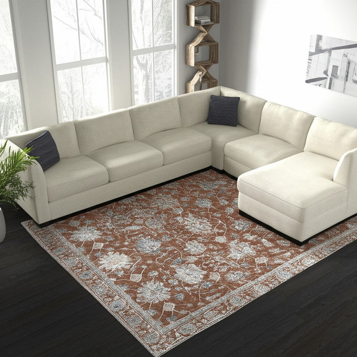 9' X 13' Floral Distressed Area Rug With Fringe - Red