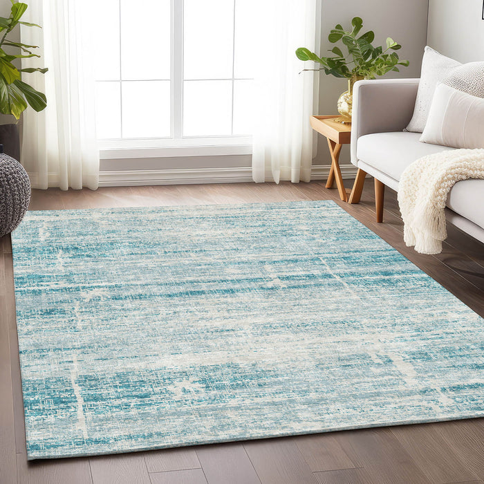 10' X 14' Abstract Washable Area Rug Polyester With UV Protection - Teal And Ivory