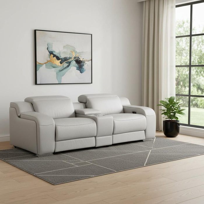 Italian Leather Power Reclining Loveseat With Storage (633755) - Light Gray / Silver