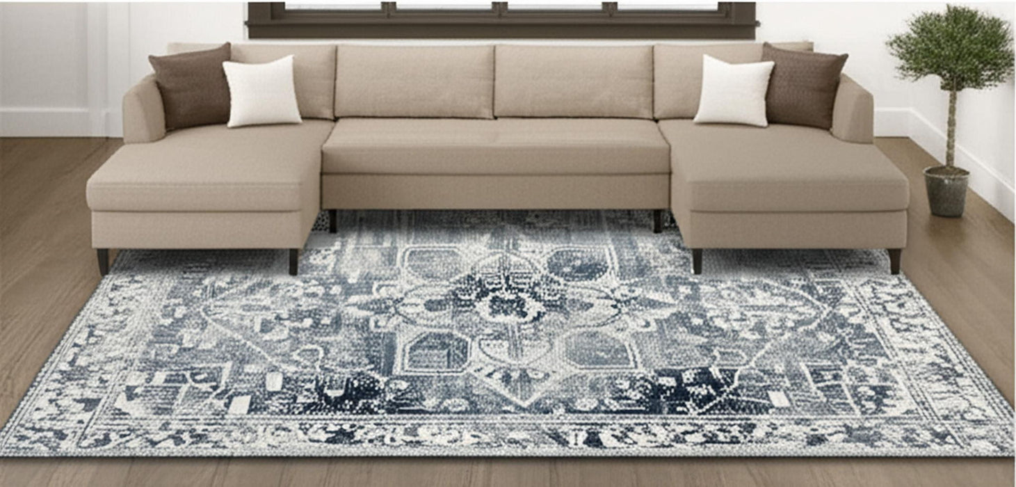 7' X 9' Tribal Washable Area Rug With UV Protection (609871) - Blue / Beige