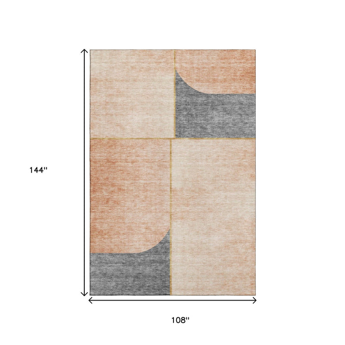 9' X 12' Geometric Washable Area Rug With UV Protection (657496) - Coral / Gray / Gold