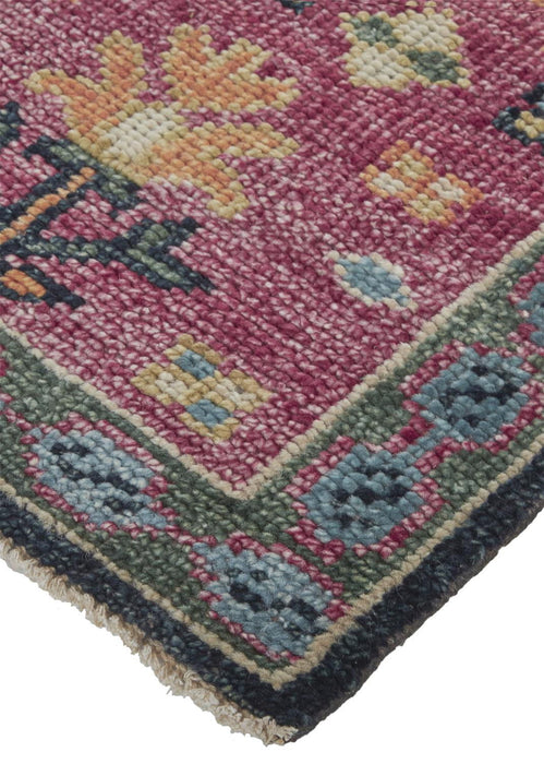 5' x 8' Wool Floral Hand Knotted Distressed Stain Resistant Area Rug With Fringe - Pink Blue And Orange