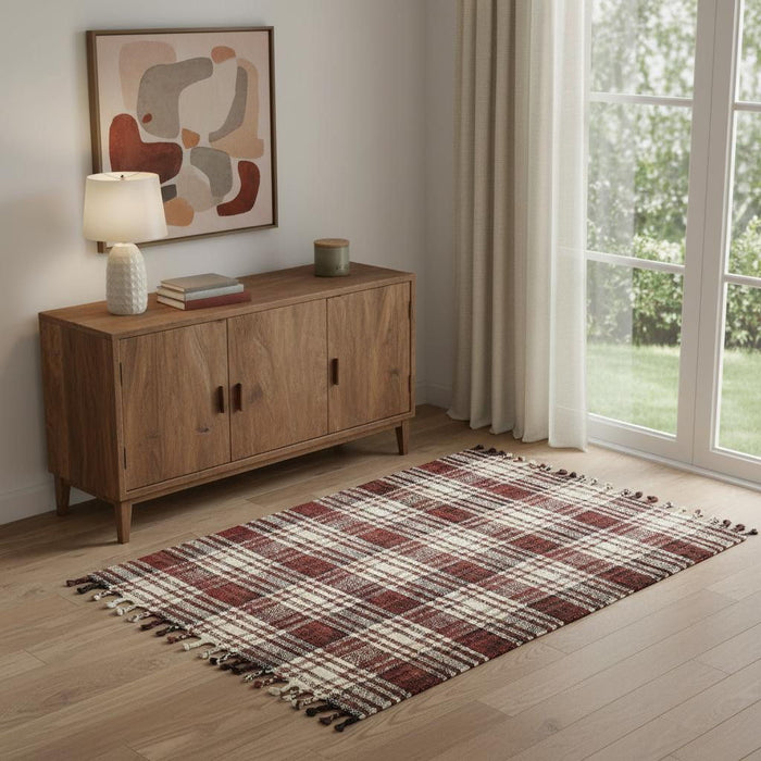 4' X 6' Jute Plaid Hand Woven Area Rug With Fringe (570627) - Brick Red / Black / Ivory