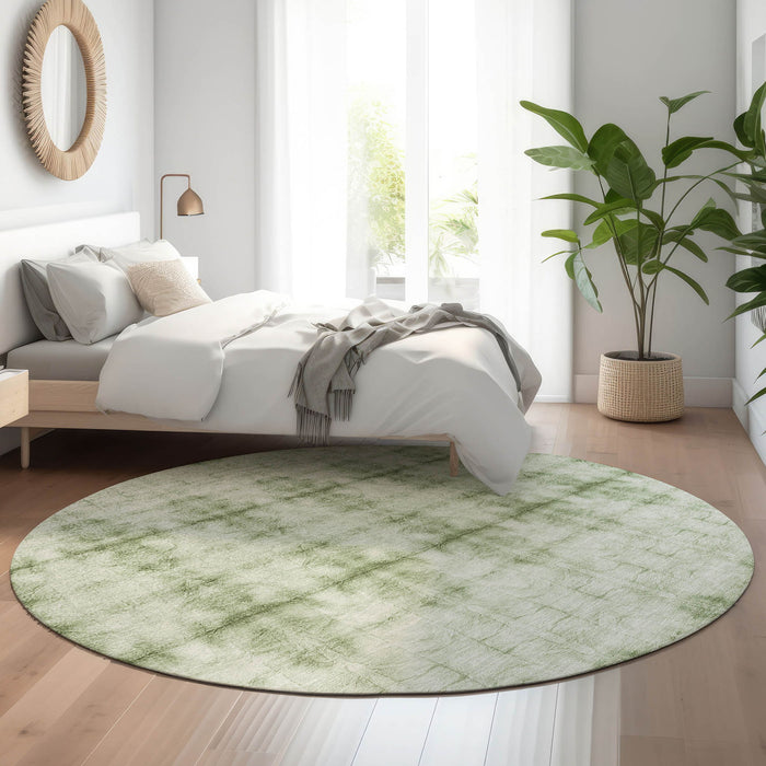 8' Geometric Washable Round Rug With UV Protection - Sage And Ivory