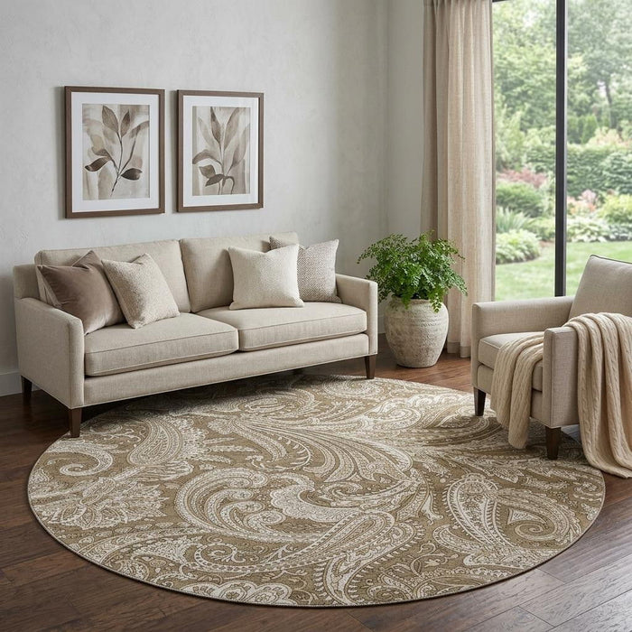 8' Paisley Washable Round Rug With UV Protection (654647) - Chocolate / Ivory