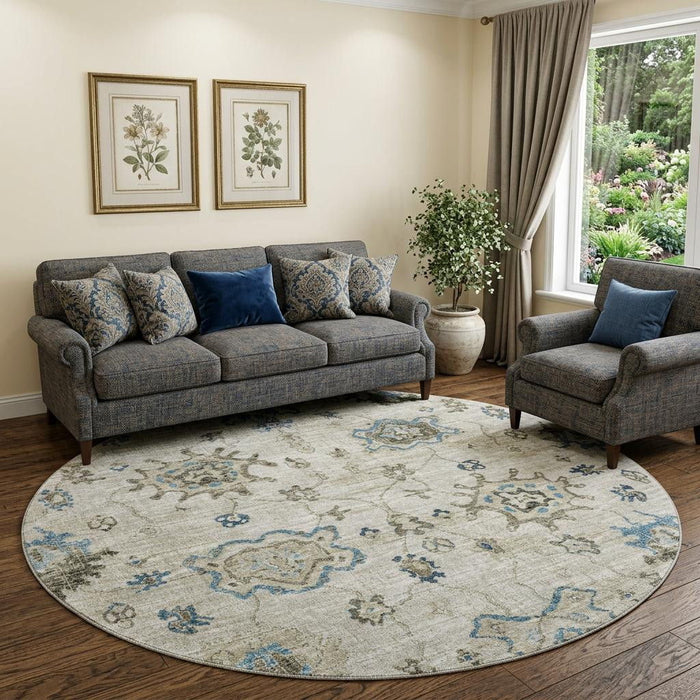 8' Floral Medallion Distressed Washable Round Rug With UV Protection (644607) - Blue / Ivory / Gray