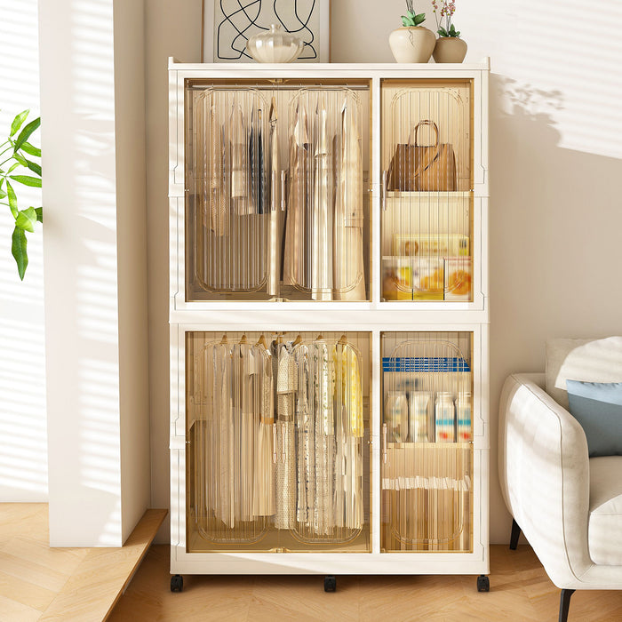 Cream white Giga portable wardrobe closet with six magnetic doors, six cubes, two hanging rods, and hangers inside.