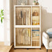 Cream white Giga portable wardrobe closet with six magnetic doors, six cubes, two hanging rods, and hangers inside.