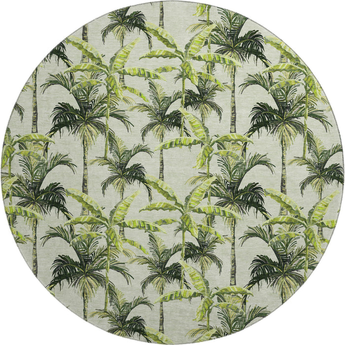 8' Geometric Washable Round Rug With UV Protection (646364) - Green / Ivory / Charcoal