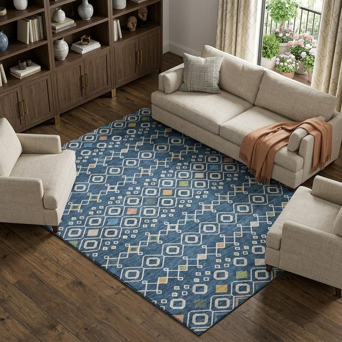 10' X 14' Southwestern Washable Area Rug With UV Protection (674730) - Navy Blue / Peach / Gold