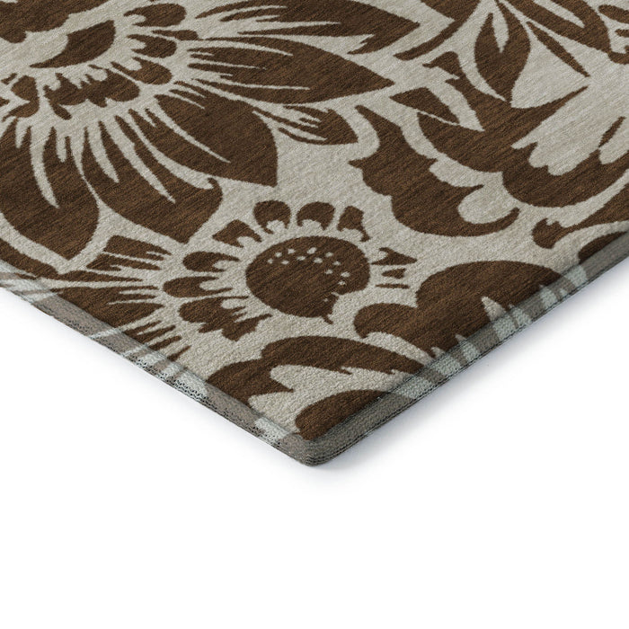 9' X 12' Floral Washable Area Rug With UV Protection (648627) - Brown / Ivory