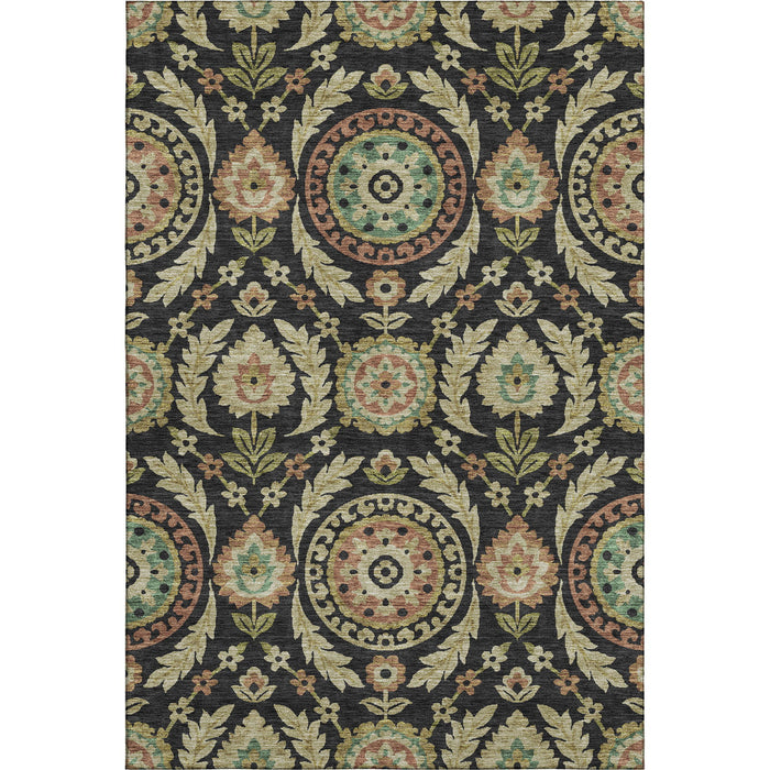 9' X 12' Copper Floral Washable Area Rug With UV Protection - Black