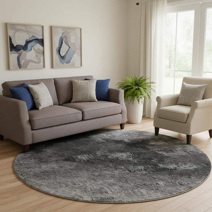 8' Abstract Washable Round Rug With UV Protection (650515) - Gray / Silver / Black