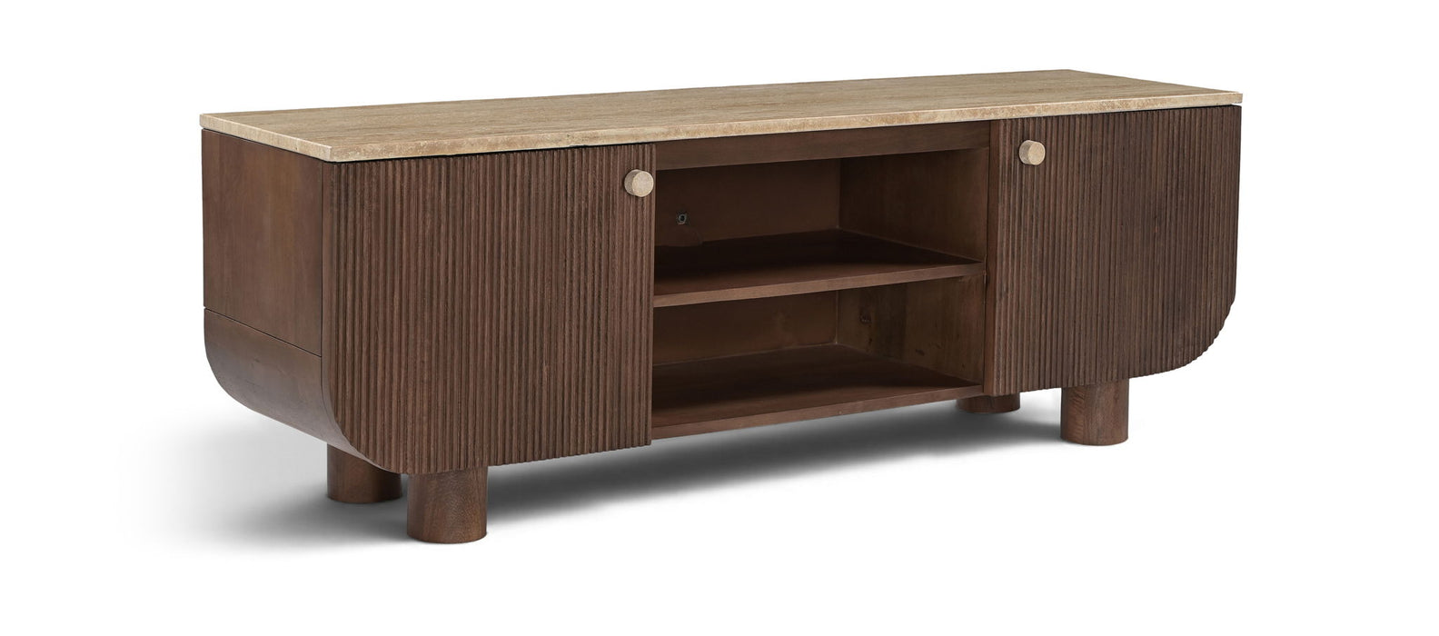 Mango wood media console by Meridian Furniture with open shelving and sleek design, perfect for TV and media storage.