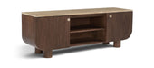 Mango wood media console by Meridian Furniture with open shelving and sleek design, perfect for TV and media storage.
