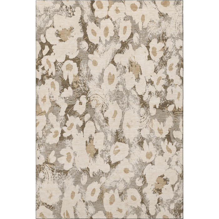 9' X 12' Floral Washable Area Rug With UV Protection (648171) - Khaki / Gray / Ivory