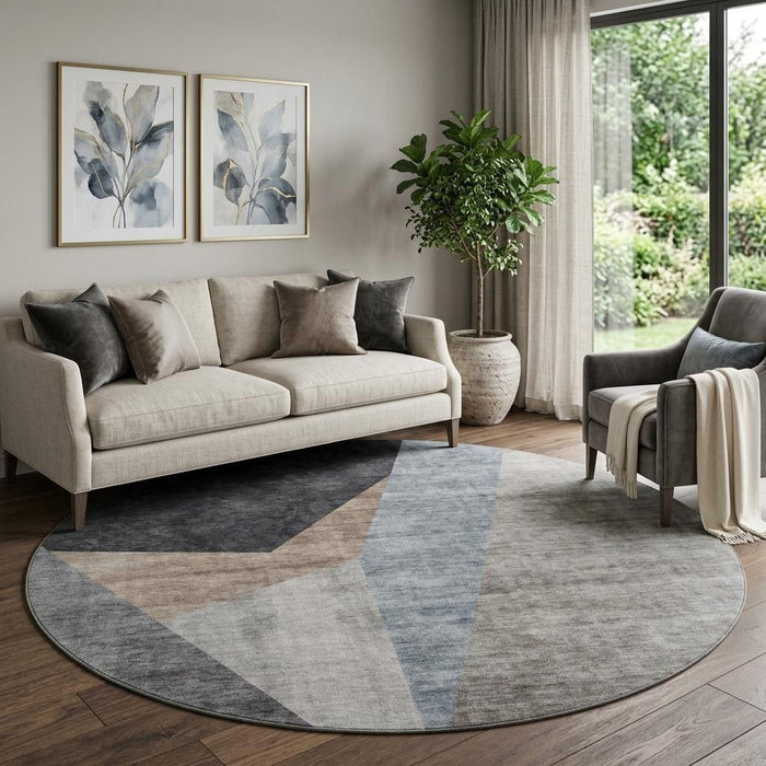 8' Geometric Washable Round Rug With UV Protection (657470) - Taupe / Blue / Beige