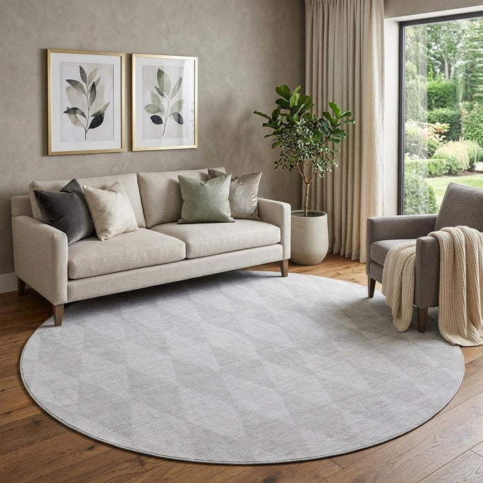 8' Diamond Washable Round Rug With UV Protection (650101) - Pewter / Ivory