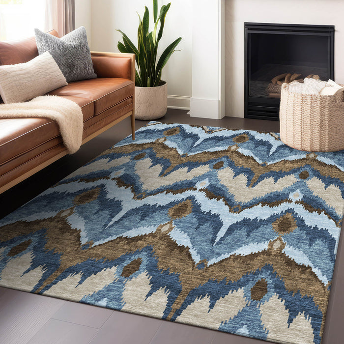 8' X 10' Ikat Washable Area Rug With UV Protection - Blue